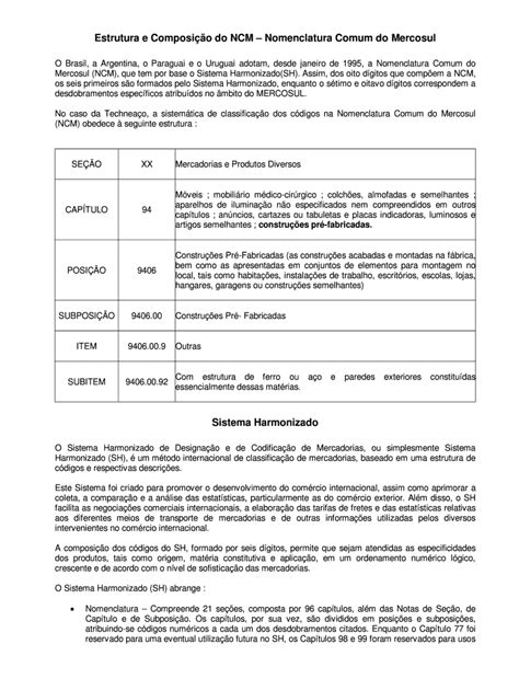 Fillable Online Estrutura E Composio Do NCM Nomenclatura Comum Do