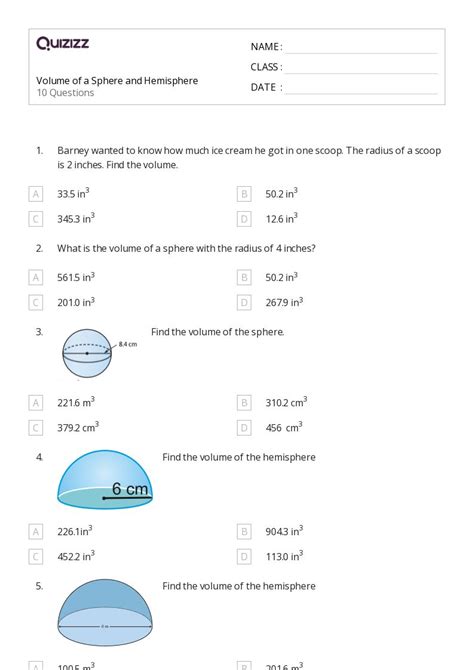 Volume Of A Sphere Worksheets For Th Grade On Quizizz Free