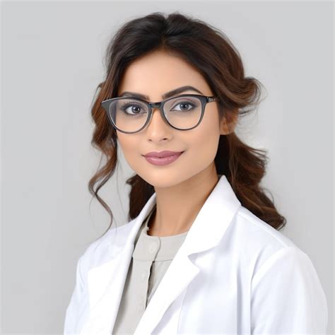 Premium Ai Image A Woman Wearing Glasses And A White Lab Coat Stands In Front Of A White