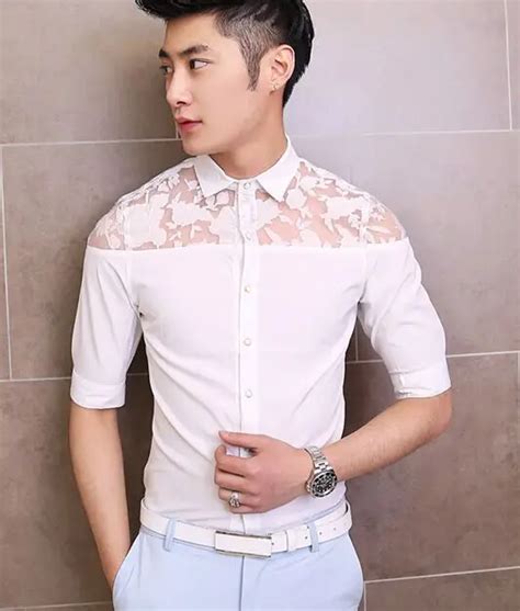 2015 New Arrival Hot Selling Men S Clothing Male Translucent Stylist Slim Lace Patchwork Three