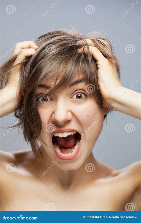 Beautiful Girl Portrait Screaming Surprised Expression Hands On Head