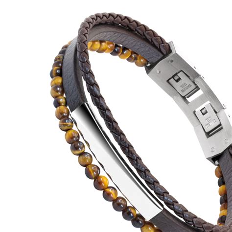 Bracelet Homme Rochet Yale Acier et Cuir Marron Plat 5mm Tressé 3mm