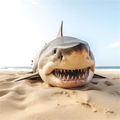 Uma foto de um tubarão sentado na praia animal realista gerado por