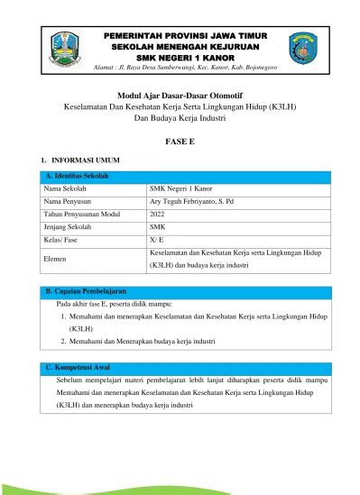 Modul Ajar Dasar Dasar Otomotif Keselamatan Dan Kesehatan Kerja Serta