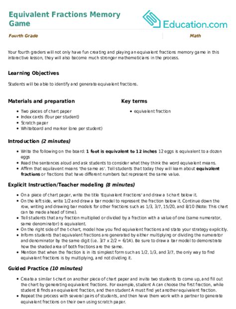 Equivalent Fractions Memory Game Lesson Plan Education