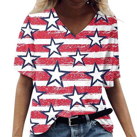 Knosfe Patriotic Shirts For Women 2024 Stars Striped Independence Day Short Sleeve Tops Casual