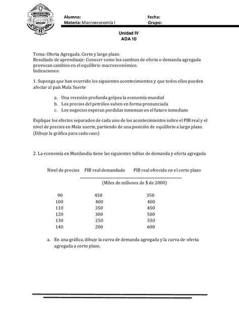 ADAS Unidad IV Excelente Materia Macroeconomía I Grupo Unidad IV