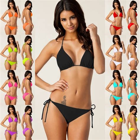 Bikini Basic Solid Color Classical Two Piece Swimsuit With Thong