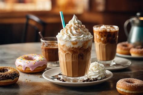 Premium AI Image Ice Coffee With Whipped Cream And Donut