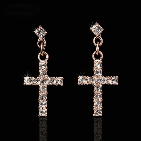 Cubic Zirconia Cross Drop Dangle Earrings Rose Gold Color Silver Colour