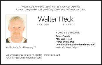 Walter Heck Traueranzeige Trauer Infranken De