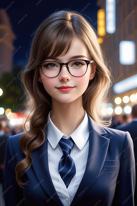 Premium Photo A Young European Pretty Girl In Suit And Glasses On A Night Background In