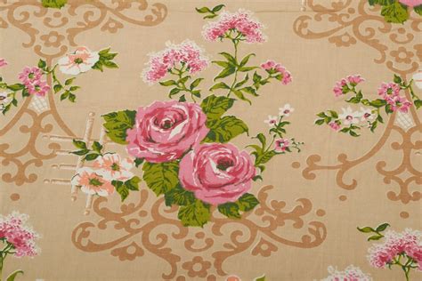 Yd S Vintage French Cotton Fabric Pink Roses Beige Background