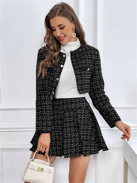 Shein Privé Plaid Print Button Front Crop Jacket And Pleated Mini Skirt