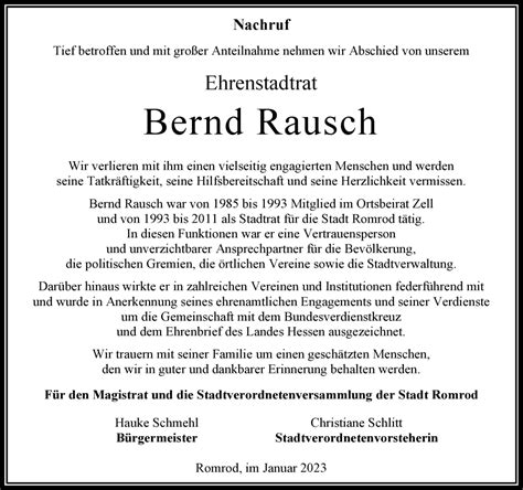 Traueranzeigen Von Bernd Rausch Vrm Trauerde