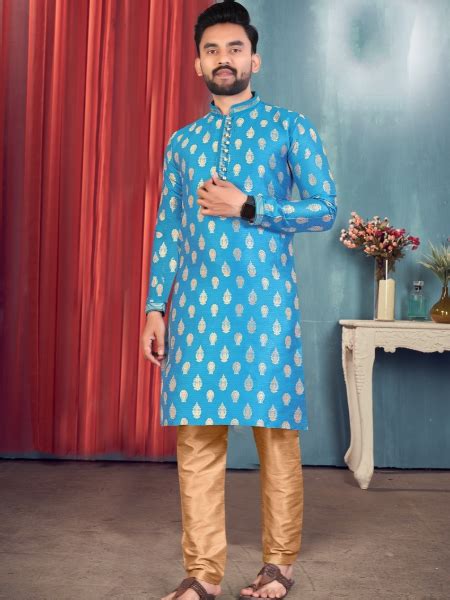 Sky Blue Color Men S Traditional Kurta In Jacquard Fabric Shadi Kurta For Men In Usa Uk