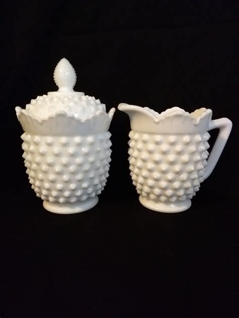 Fenton Hobnail Milk Glass Crown Top Sugar Bowl And Creamer Set Hobnail Milk Glass Sugar