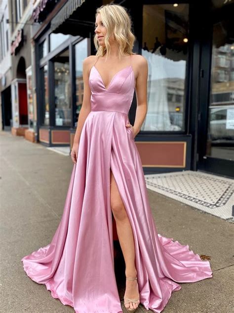 V Neck Pink Backless Spaghetti Straps Satin Long Prom Dresses With Hig Morievent