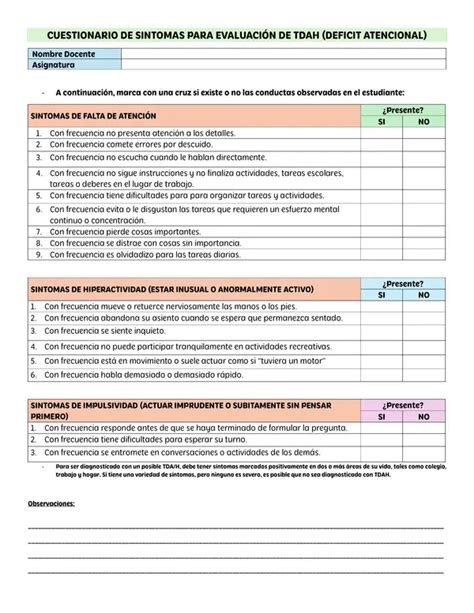 CUESTIONARIO DE SINTOMAS PARA EVALAUCIÓN TDAH profe social