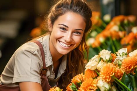 Premium Ai Image Portrait Of Female Florist With Flowers Looking At