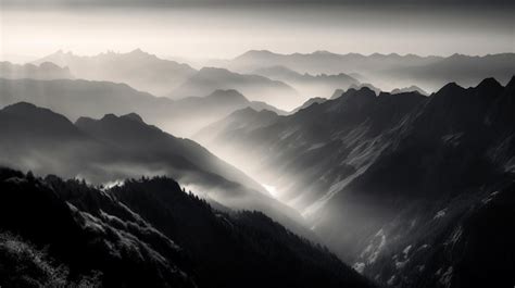 Premium AI Image | A black and white photo of a mountain range with fog ...