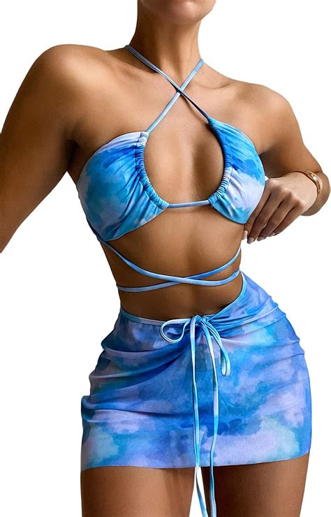 Romwe Women S Pack Tie Dye Criss Cross Halter Cheeky Bikini Swimsuit