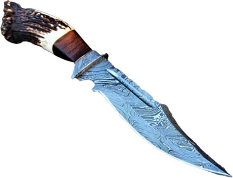 Stag Antler Damascus Bowie Knife Fixed Blade Hunting Camping Knife With Leather