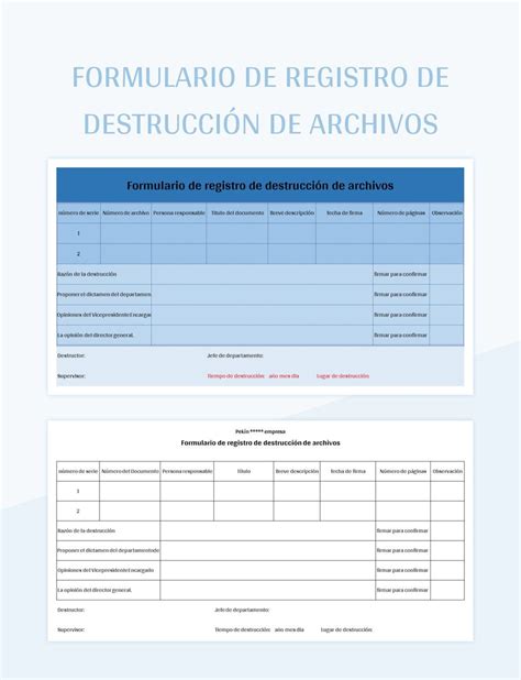 Plantilla de Excel Formulario De Registro De Destrucción De Archivos y