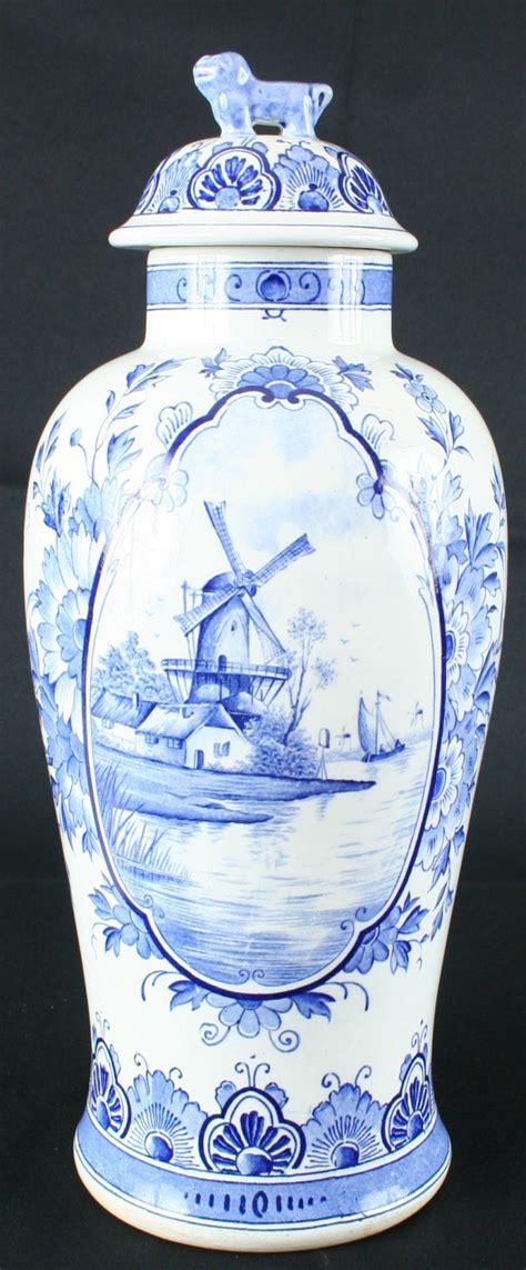 Antique Blue Delft Ginger Jar From Holland Transferware Windmills