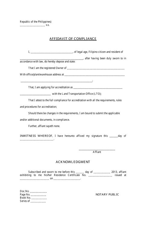 Philippines Affidavit Of Compliance Form Fill Out Sign Online And