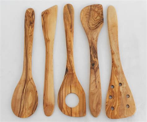 Set Of 5 Olive Wood Medium Utensils Set 1 Spoon 1 Spatula Etsy