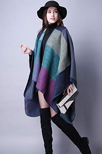 Women Plaid Shawls And Wraps Winter Poncho Cape Soft Ruana Wraps