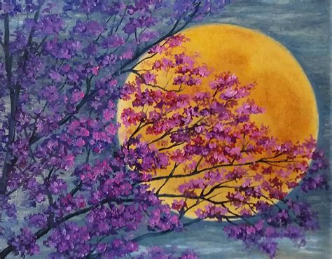 Cherry Blossom Painting Full Moon Art Original Artwork Sakura | Etsy