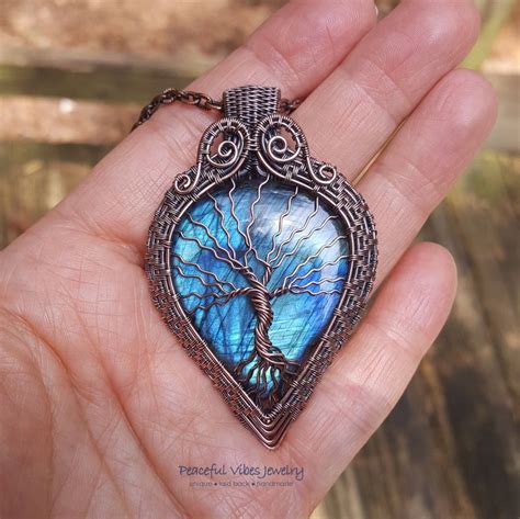 Blue Labradorite Wire Wrapped Tree Of Life Pendant Statement Necklace