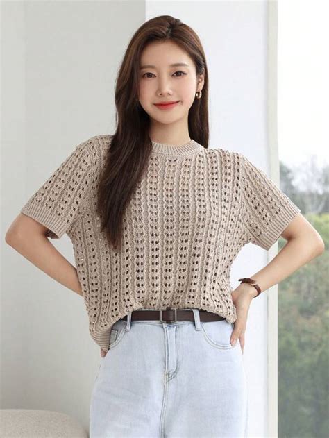 Dazy Less Solid Pointelle Knit Top SHEIN USA