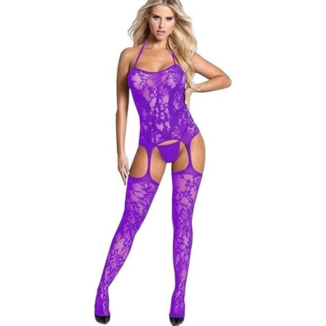 Krekco Femmes Bas De Lingerie Bodystocking Fishnet Bodys Sexy Violet