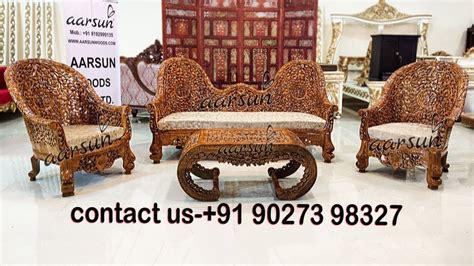 Teak Wood 5 Seater Aarsun Wooden Carved Sofa Set For Home Living Room