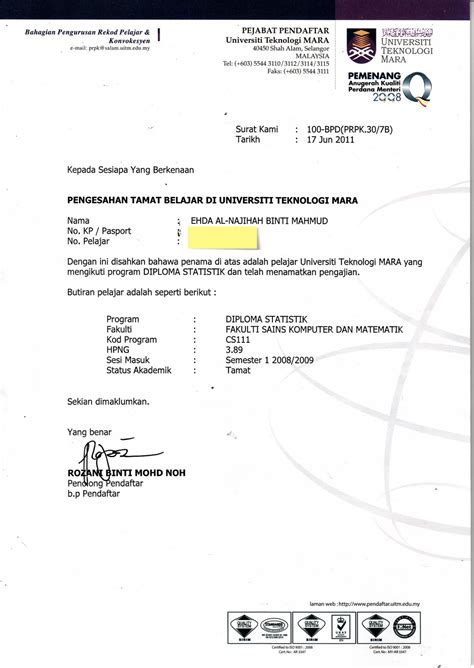 Contoh Surat Tawaran Belajar Di Universiti Contoh Surat Pengesahan