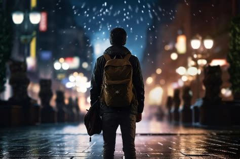 Premium AI Image Back View Of Male Tourist With Backpack Looking