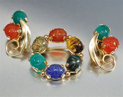 Gold Filled Gemstone Scarab Brooch Earrings Burt Cassell Etsy