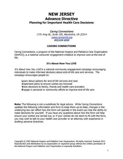 Free New Jersey Advance Directive Form Pdf Eforms