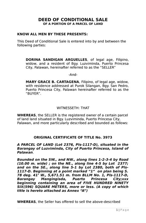 Sample Deed Of Conditional Sale Of Real Property Philippines Templates