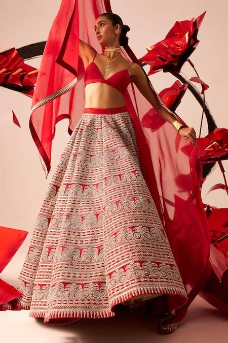 Buy Red Silk Embroidered Geometric Plunge V Neck French Knot Lehenga