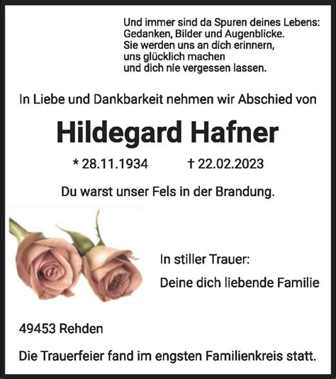 Traueranzeigen Von Hildegard Hafner Trauer Kreiszeitung De