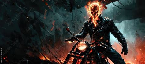 Ghost Rider on Burning Motorcycle with Hellish Background Stock ...