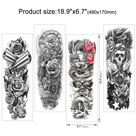 Konsait Full Arm Temporary Tattoo 8 Sheets Large Size Temporary Tattoo Transfer Stickers Black