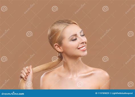 Beautiful Nude Blonde Woman With Long Hair And Closed Eyes Stock Image Image Of Caucasian