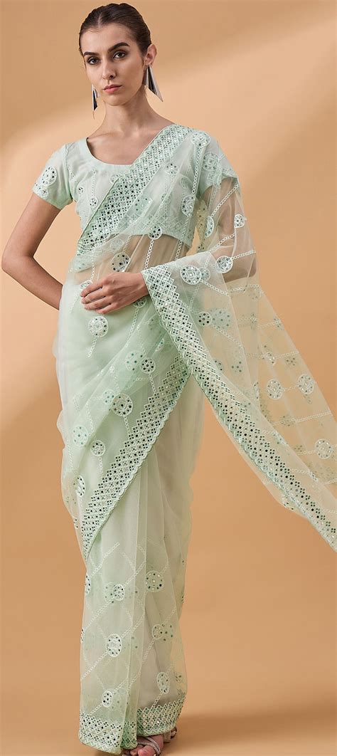 Festive Party Wear Green Color Net Fabric Saree 1952514