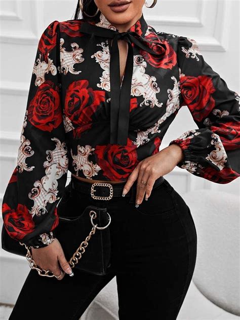 Shein Sxy Floral Print Lantern Sleeve Tie Neck Blouse Fashion