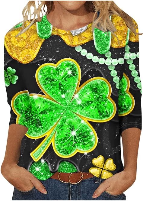 Womens St Patricks Day Shirt 34 Sleeve Crewneck Green Shamrock Irish Tshirt Soft Stretch Clover